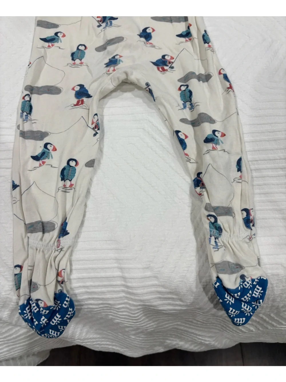 Magnetic Me Cream Puffin Print Footed One-Piece Pajamas with Blue Trim